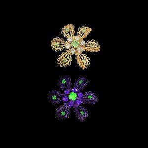Vintage Uranium Glass and Gilded Brass Brooch Glows Green Under UV Light